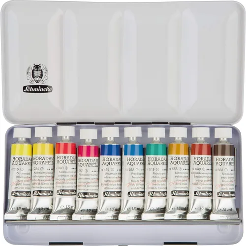 Schmincke - Caja de color HORADAM® AQUARELL, tubos de 10 x 0.5 fl oz, surtido básico, 74510097, caja de metal, juego de pintura, mejores acuarelas