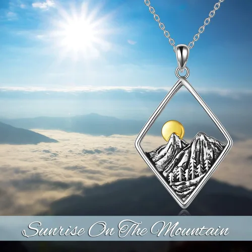 Miniatura 5 de YFN Collar de plata de ley con dije de onda del océano y cadena de montaña, regalo de joyería para esquiadores, excursionistas, campistas