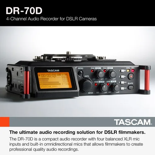 Miniatura 2 de TASCAM Grabadora de audio portátil de 4 canales para videógrafos, 4 entradas XLR/TRS combinadas, 2 micrófonos internos, limitador, filtro HP (DR-70D)