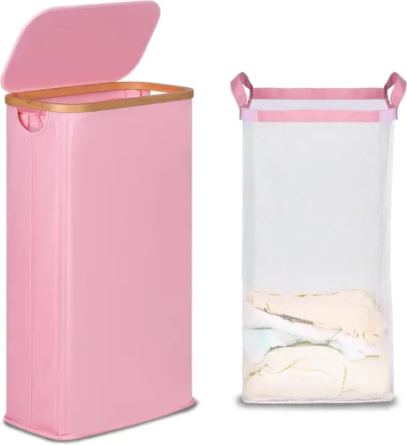 Miniatura 25 de efluky Cesta de lavandería con tapa y bolsa extraíble, cesta de lavandería de 100 litros de alto con asas de bambú, papelera estética para ropa Gris