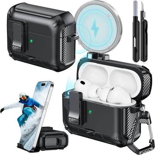 Miniatura 19 de Funda para AirPods Pro 2 (2023/2022/2019) con soporte para teléfono, (con interruptor a presión automático), diseño de fibra de carbono, cubierta