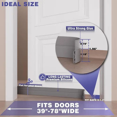 Miniatura 7 de Tope de corriente de puerta Pundin, barrido de puerta ajustable para la parte inferior de la puerta, sello de puerta inferior de silicona