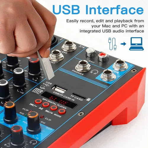 Miniatura 4 de Mezclador de audio de 4 canales, mini consola portátil de placa de sonido con interfaz de audio USB de 48 V Phantom Power Bluetooth USB MP3 DJ Mixer