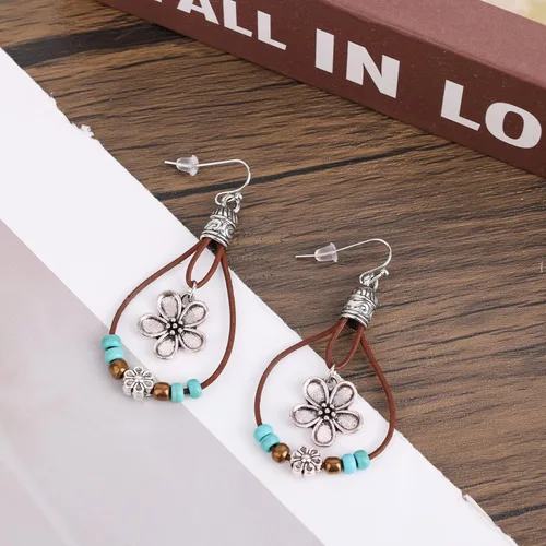 Miniatura 5 de Boho Flower Earrings,Bohemian Western Leather Dangle Drop Earrings with Nature Stones Vintage Handmade Country Concert Outfits Accessories for Women