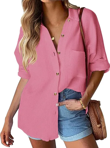 Miniatura 22 de HOTOUCH Camisa de manga larga con botones de lino para mujer, blusa de algodón casual, holgada, con cuello, para trabajo, de gasa, con bolsillo