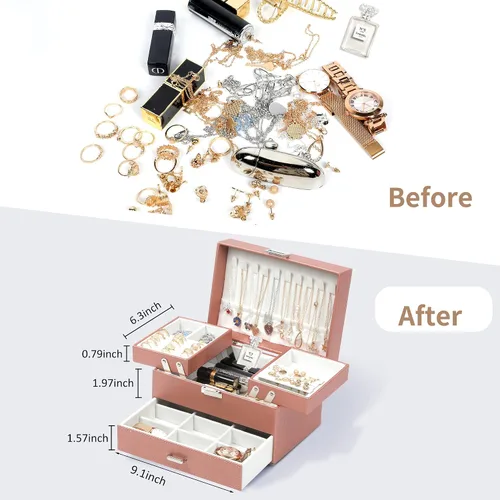 Miniatura 4 de Dajasan Caja organizadora de joyas, organizador de joyas para mujeres y niñas, 3 capas de almacenamiento grande de joyería para aretes, anillos