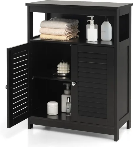 COSTWAY Armario de almacenamiento para baño, organizador de almacenamiento lateral de madera con puertas de rejilla y estante extraíble, gabinete de