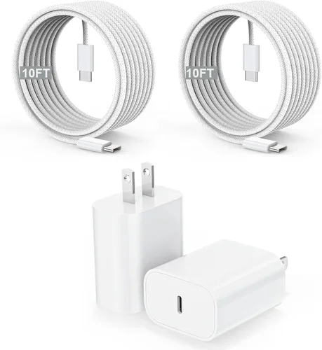 Cargador de 10 pies para iPhone 17/16 de carga rápida, paquete de 20 W USB-C Block Type C Chagrer adaptadores de corriente de 10 pies de largo cable