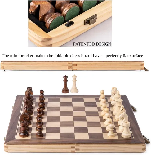 Miniatura 4 de A&A Juego de ajedrez y damas de madera plegable de 15 pulgadas para adultos / Piezas de ajedrez Staunton ponderadas de 3 pulgadas de altura del rey