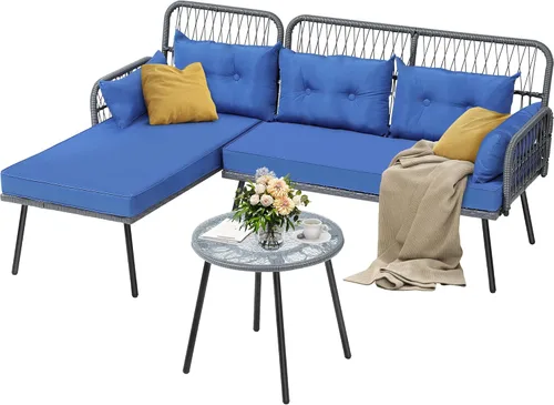 YITAHOME Muebles de patio en forma de L para exteriores, juego de sofá seccional para patio trasero, porche con cojines gruesos, tumbona gris + azul