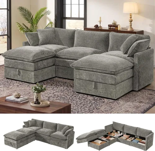 Miniatura 27 de Ihanherry Sofá cama modular de gran tamaño con almacenamiento, sofá nube modular de 6 plazas de 103 pulgadas con otomanas móviles, sofás de felpilla