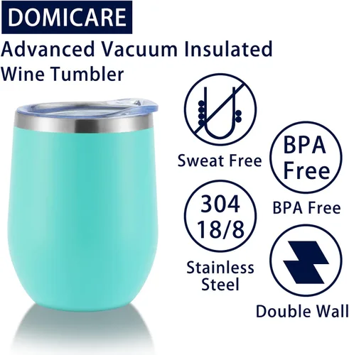 Miniatura 7 de DOMICARE - Juego de 8 vasos de vino de 12 onzas con tapa, hechos de acero inoxidable con aislamiento al vacío de doble pared, color celeste Azul