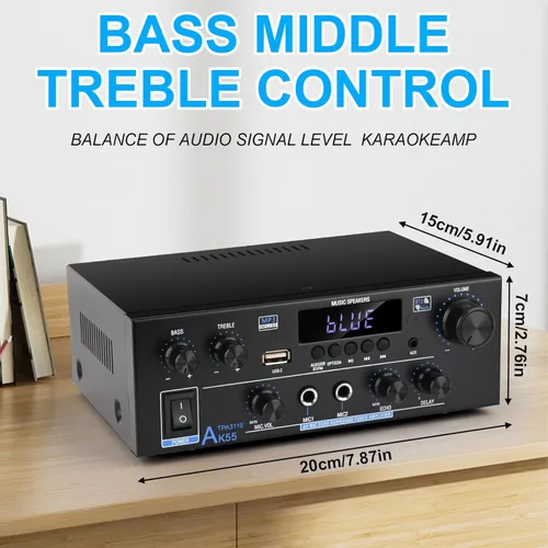 Miniatura 7 de Romica AK55 Amplificador de audio estéreo, 2 canales 500 W Bluetooth 5.0 Receptores estéreo de audio doméstico con FM, Echo, AUX, USB, SD, MIC