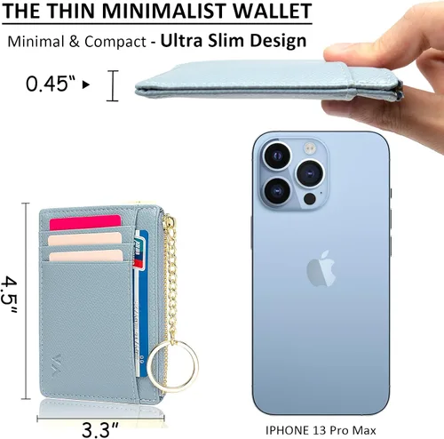 Miniatura 57 de Tarjetero delgado con bloqueo RFID, billetera de bolsillo pequeño, con cremallera Keychian para monedero, monedero y tarjetero para mujeres y hombres