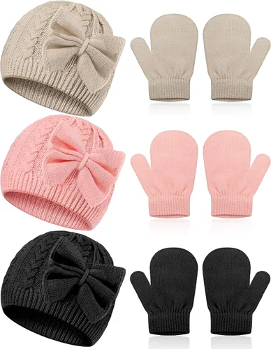 SATINIOR 3 Set Toddler Hat Glove Set, Kids Winter Hats Warm Knitted Beanie Mittens Gloves with Bow for Baby Girls Boys 0-6Y
