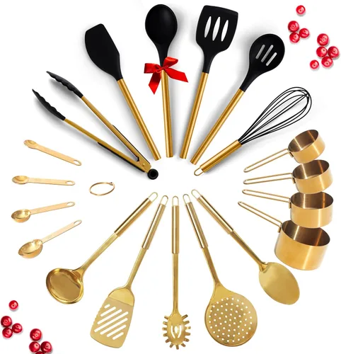 Juego de utensilios de cocina negros y dorados, juego de 19 piezas, incluye utensilios de cocina de acero inoxidable y silicona, tazas medidoras y