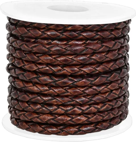Miniatura 2 de GENIQUE Cordón de Cuero Trenzado Redondo Genuino, Cuerda de Cuero para Manualidades, Hacer Joyería, Collares, Pulseras (5 Metros)