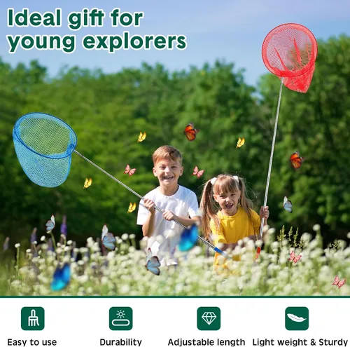 Miniatura 4 de Arrowbash 48 redes de pesca de mariposa para niños, redes de pesca de mariposas telescópicas coloridas con mango de acero inoxidable de 34 pulgadas