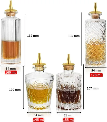 Miniatura 2 de SuproBarware Juego de 4 botellas de vidrio para cóctel con tapa de aleación de zinc para cóctel y exhibición (4 piezas)