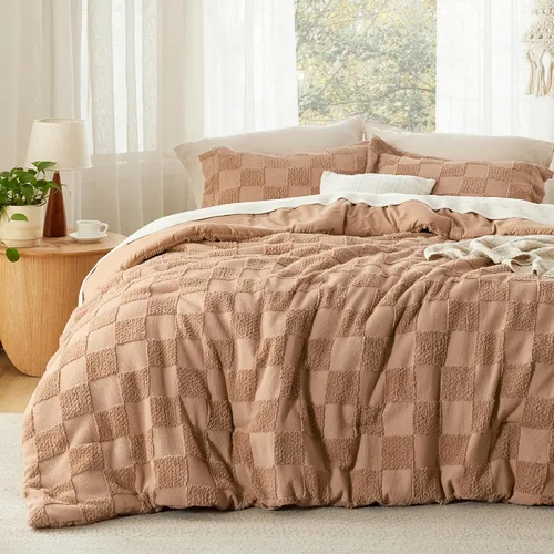 Miniatura 15 de Bedsure Juego de Edredón Tamaño Queen Beige, Juego de Cama Boho con Mechones, Ropa de Cama a Cuadros Estilo Granja Shabby Chic, 3 Piezas, 1 Edredón