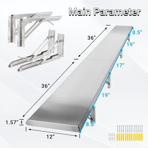 Miniatura 3 de Estante plegable de concesión de 12 x 72 pulgadas, ventana desplegable de servicio de concesión de estilo empalmado, estante plegable de acero