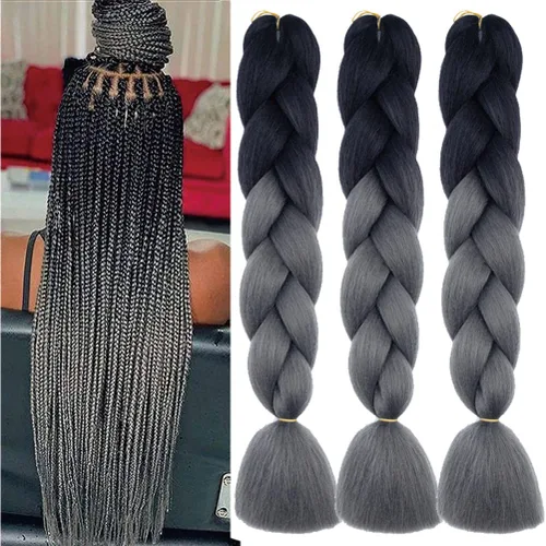 Miniatura 42 de Xiaofeng Extensiones de cabello trenzado coloridas Ombre de 61 cm, 3 unidades, trenzas Jumbo de alta temperatura para trenzas en zigzag y trenzas