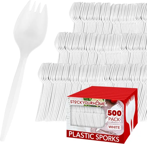 Miniatura 9 de Sporks desechables (paquete de 50) tenedores de plástico blanco, sin BPA, seguros para niños, utensilios 2 en 1, cuchara de tenedor de peso pesado