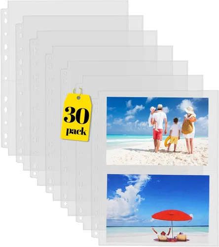 Sooez Paquete de 30 protectores resistentes para fotos o postales, fundas de plástico transparente para carpetas de 3 anillas, dos bolsillos de 5 x
