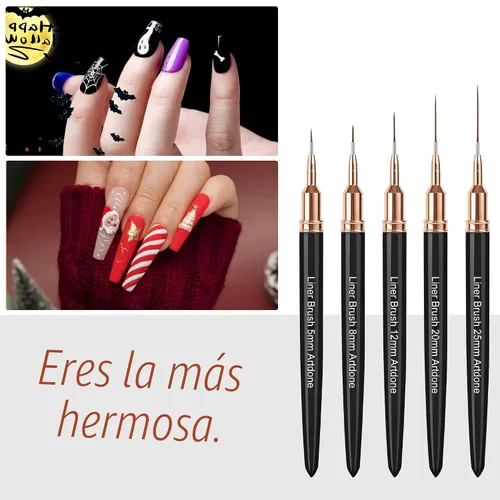 Miniatura 6 de Artdone Bolígrafos metálicos para arte de uñas, juego de 5 brochas de color negro para líneas largas, detalles finos, dibujo fino, pincel