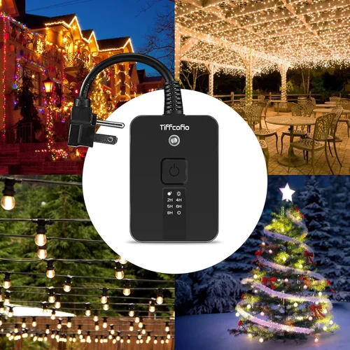 Miniatura 7 de TiFFCOFiO Temporizador para exteriores impermeable, control remoto con sensor de atardecer a amanecer, 2 tomas eléctricas con conexión a tierra