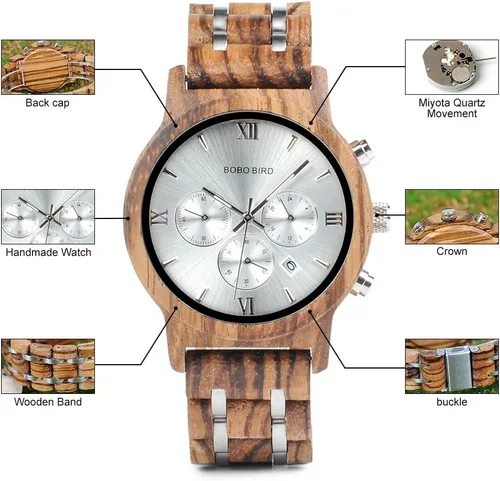 Miniatura 4 de BOBO BIRD Relojes de madera para hombre, correa de metal de madera de lujo, cronógrafo y visualización de fecha, reloj de cuarzo versátil
