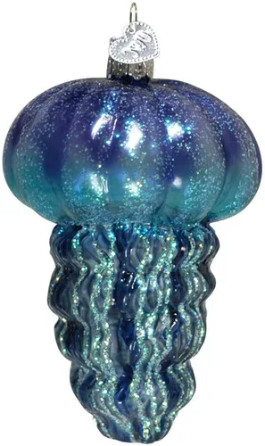 Old World Christmas Adorno de cristal soplado de medusa azul para árbol de Navidad, decoración navideña artesanal, colección de peces oceánicos
