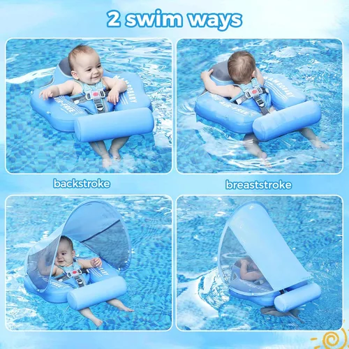 Miniatura 3 de Mambobaby - Flotador de piscina para bebé no inflable con cola y toldo, protección solar UPF 50+, sin volteo, flotador de natación para bebé, Azul