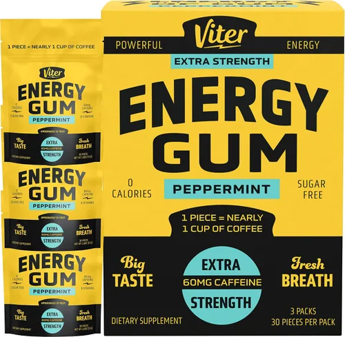 Miniatura 11 de Viter Energy goma de mascar con 60mg de cafeína (sabor a menta, 30 piezas) - sin azúcar, vitamina B3, B6, B9, B12, cero calorías, gomitas