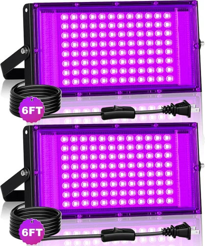 Luz LED Negra de 100W IP66 Impermeable, Reflector de Luz Negra para Exteriores con Enchufe+Interruptor+Cable, para Halloween, Neón que Brilla en la