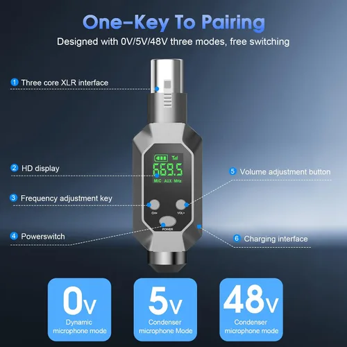 Miniatura 8 de Sistema de micrófono inalámbrico XLR transmisor y receptor inalámbrico para 262 pies de rango de 8 horas de batería UHF transmisor inalámbrico