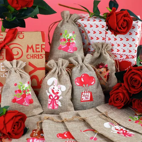 Miniatura 4 de DERAYEE 36 bolsas de regalo de arpillera para el día de San Valentín con cordón, 4 x 6 pulgadas, pequeñas bolsas de lino con corazón de San