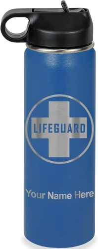 Miniatura 26 de LaserGram Botella de agua personalizada, salvavidas, acero inoxidable de doble pared aislada al vacío con popote superior, regalo grabado Negro