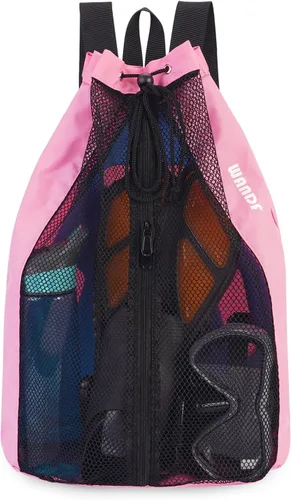 WANDF Bolsa de Natación Mochila de Malla con Cordón Mochila de Playa para Natación, Gimnasio y Equipo de Entrenamiento Rosa con bolsillo húmedo