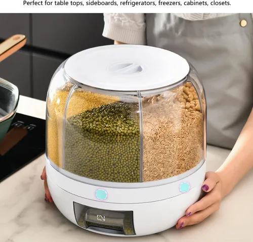 Miniatura 6 de Contenedor de almacenamiento de cereales y cereales de 13.2 libras, dispensador redondo giratorio de 360°, organizador de cocina de 6 compartimentos
