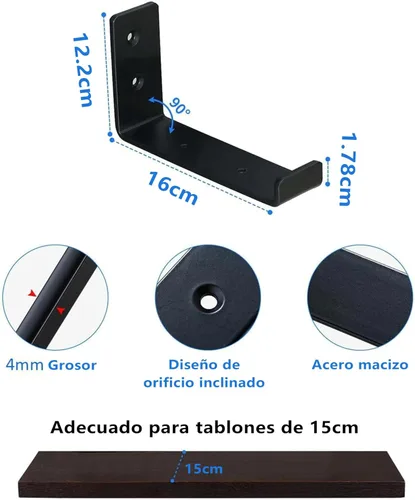 Miniatura 2 de HEART ART Soporte de estante negro de 6 pulgadas, paquete de 4 soportes de estante de metal J resistentes, 6.3" L×4.8" H×1.2" W