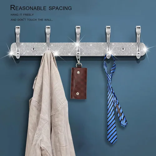 Miniatura 4 de BlackFish Soporte para Perchero de Montaje, Diamantes de Imitación Plateados Brillantes Montado en la Pared 5 Ganchos, Ganchos para Llaves