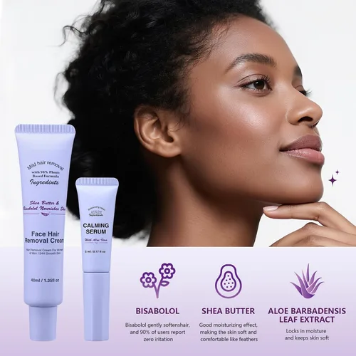 Miniatura 3 de Crema depilatoria facial para mujeres, kit de cremas depilatorias faciales suaves con raspado, suero calmante, crema removedor de vello corporal