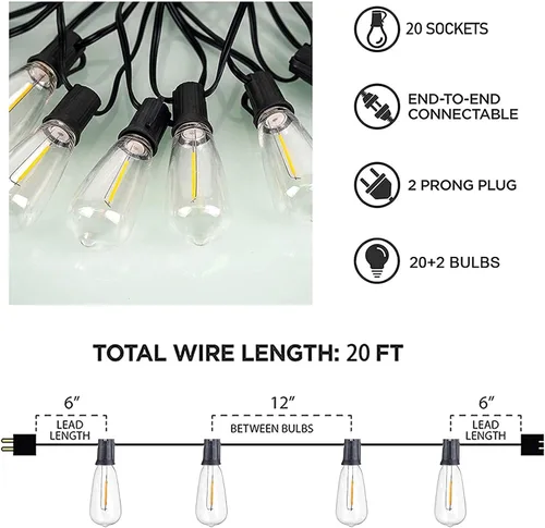 Miniatura 5 de Afirst Tira de luces para exteriores de 20 pies con 22 bombillas LED (2 de repuesto), impermeables, conectables, luces de patio para iluminación