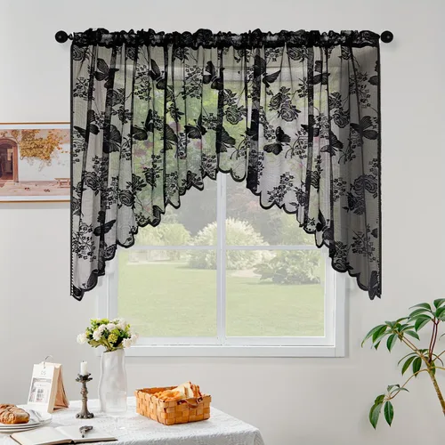 Cenefa de Cortina Transparente de Encaje de 1 Panel con Bordado Floral, Cenefa de Cortina Swag para Entrada, Cocina, Baño, Ventana, Parte Superior