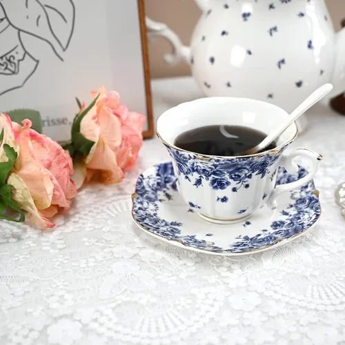 Miniatura 5 de Bone China - Juego de taza de té y platillo, 3 piezas, estilo vintage, juego de taza de té y platillo para mujeres y fiestas de té, caja de regalo
