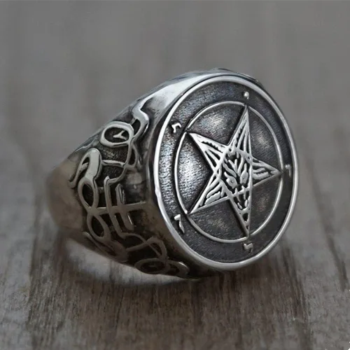Miniatura 2 de Anillo de sello vintage para hombre, anillo de pentagrama, anillo de acero inoxidable de Baphomet, anillo gótico satánico, anillo punk