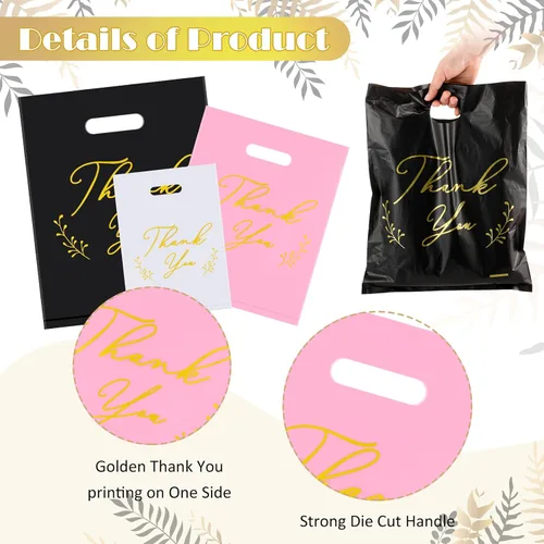 Miniatura 3 de Qilery 1000 bolsas de plástico con asas de agradecimiento – Bolsas de regalo de mercancía para pequeñas empresas, bolsas reutilizables al por menor
