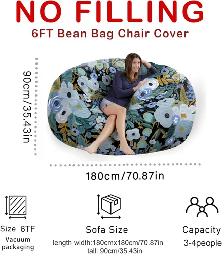 Miniatura 2 de Funda de 6 pies para puf gigante - Funda de puf de terciopelo holandés suave y esponjosa (sin relleno, solo funda), funda de sofá holgazán Azul