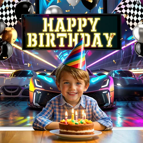 Miniatura 3 de Riyidecor Telón de fondo de feliz cumpleaños de coche de carreras, bandera de cuadros negros y blancos de neón de 5 pulgadas de ancho x 3 pies